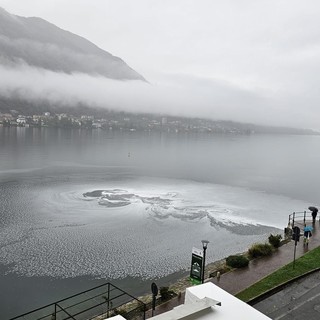 Macchia biancastra nelle acque del Lago d'Orta davanti ai giardini di Omegna